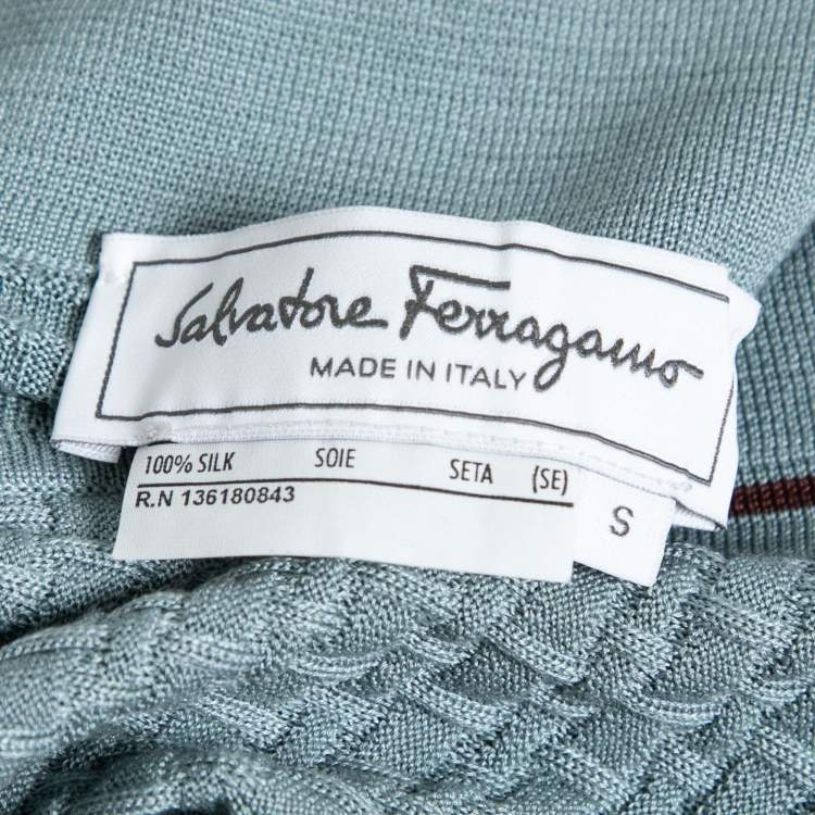 Pre Owned Salvatore Ferragamo Blue Patterned Silk Knit Short Sleeve Polo T-Shirt S