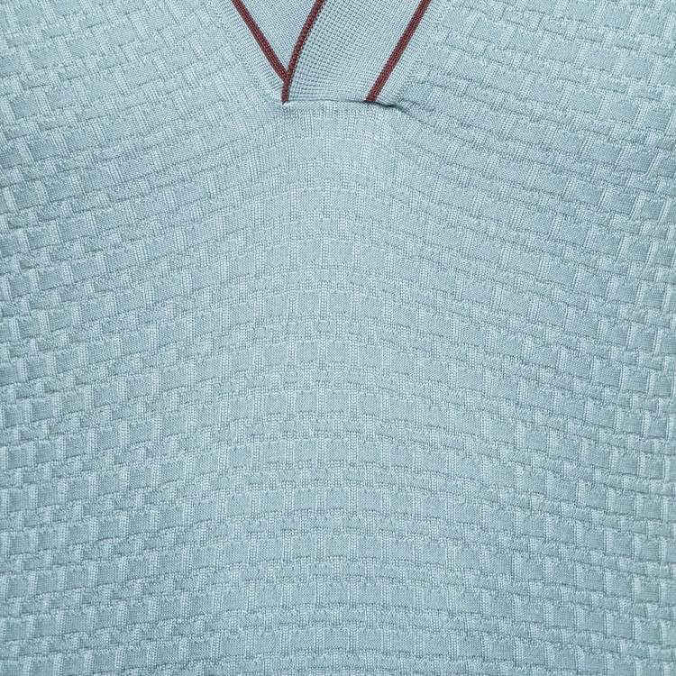 Pre Owned Salvatore Ferragamo Blue Patterned Silk Knit Short Sleeve Polo T-Shirt S