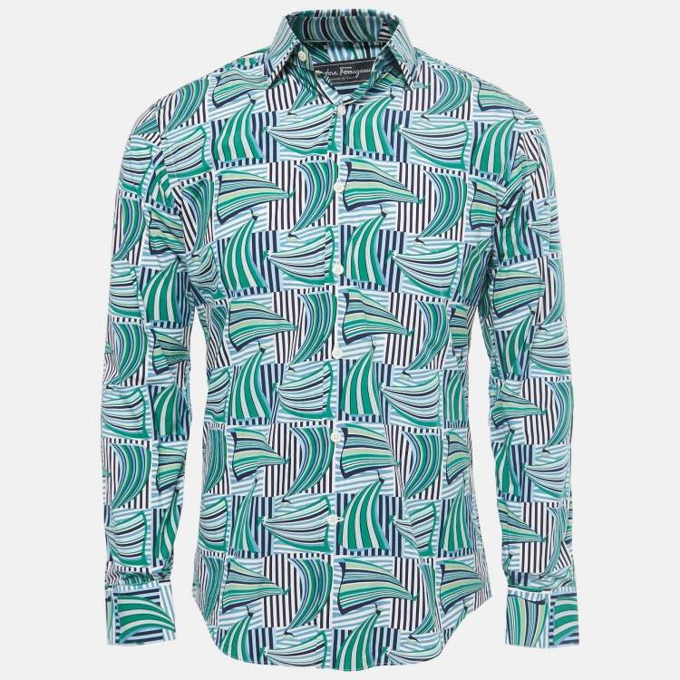 Pre Owned Salvatore Ferragamo Blue Sailboat Print Cotton Derby Fit Shirt S