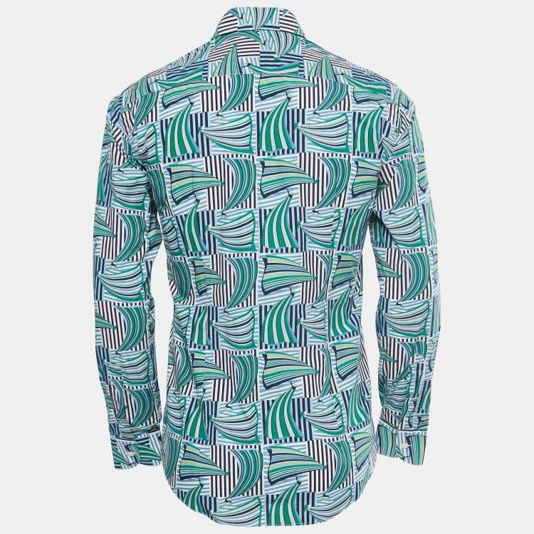 Salvatore Ferragamo Blue Sailboat Print Cotton Derby Fit Shirt S