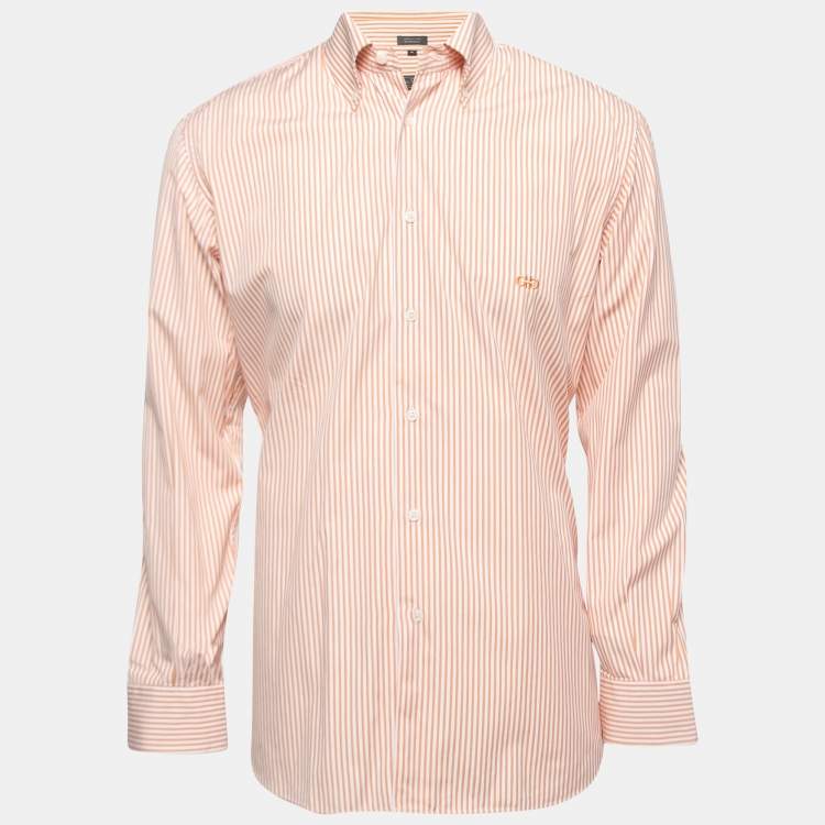 Pre Owned Salvatore Ferragamo Orange Striped Cotton Button Down Shirt M