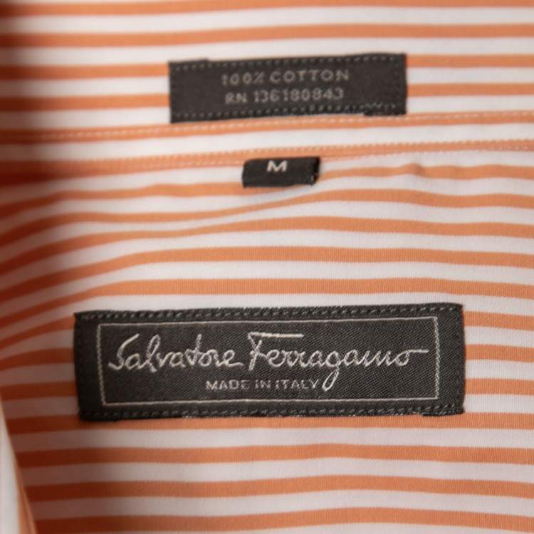 Pre Owned Salvatore Ferragamo Orange Striped Cotton Button Down Shirt M