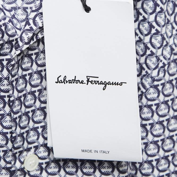 Pre Owned Salvatore Ferragamo Navy Blue Geometric Printed Cotton Shirt M