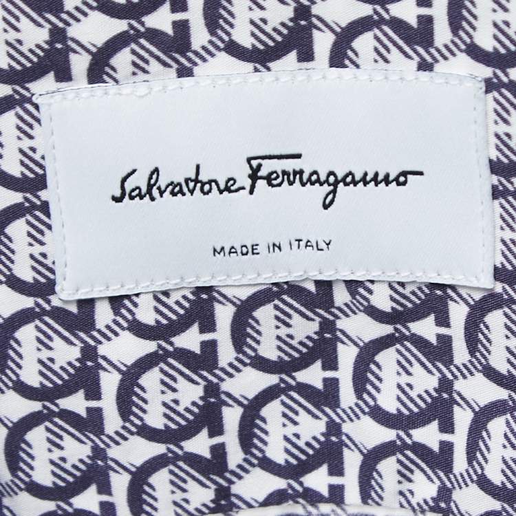 Pre Owned Salvatore Ferragamo Navy Blue Geometric Printed Cotton Shirt M