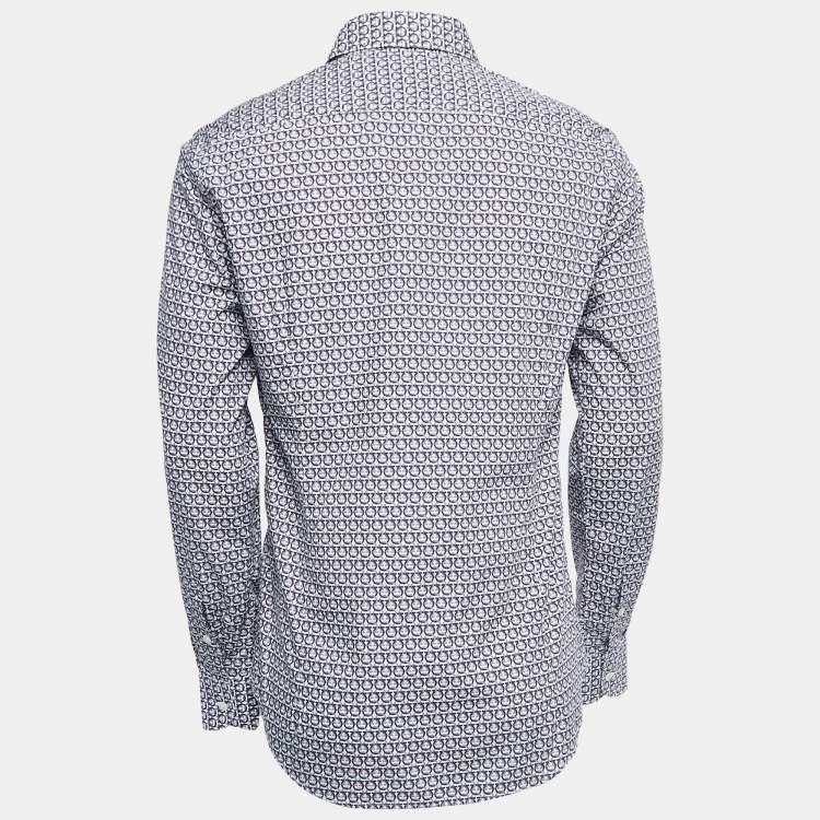 Pre Owned Salvatore Ferragamo Navy Blue Geometric Printed Cotton Shirt M
