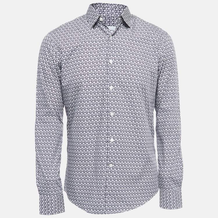 Pre Owned Salvatore Ferragamo Navy Blue Geometric Printed Cotton Shirt M