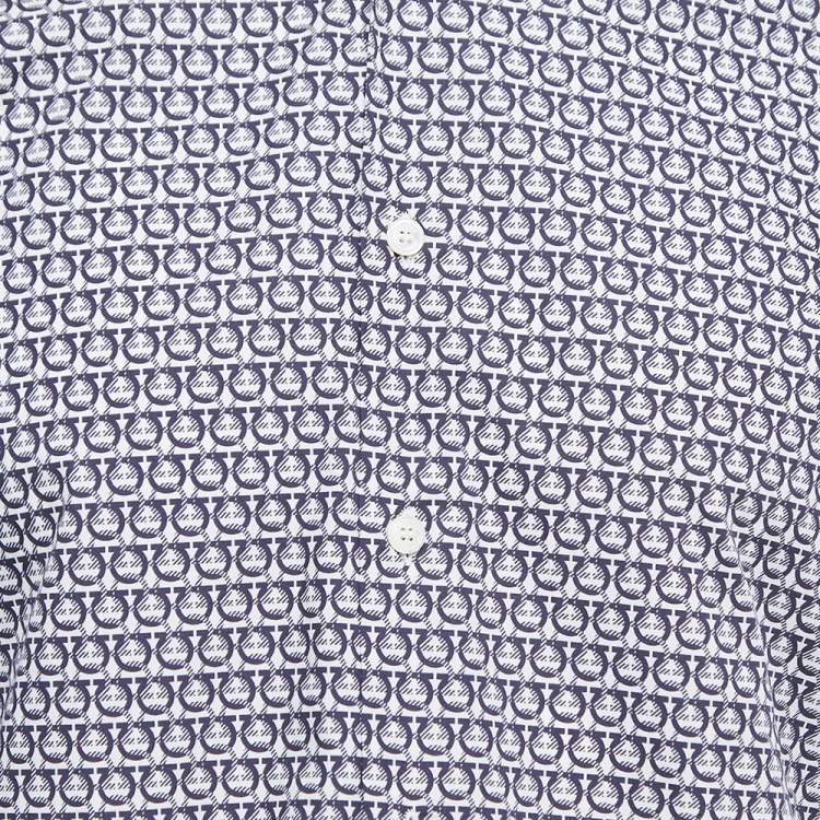 Pre Owned Salvatore Ferragamo Navy Blue Geometric Printed Cotton Shirt M