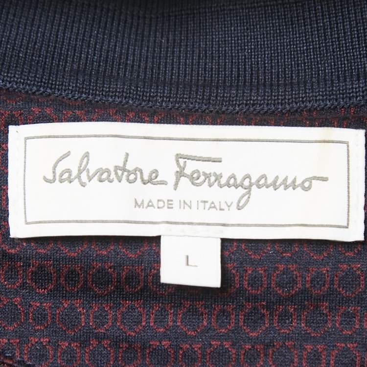 Pre Owned Salvatore Ferragamo Navy Blue Logo Patterned Cotton Polo T-Shirt L