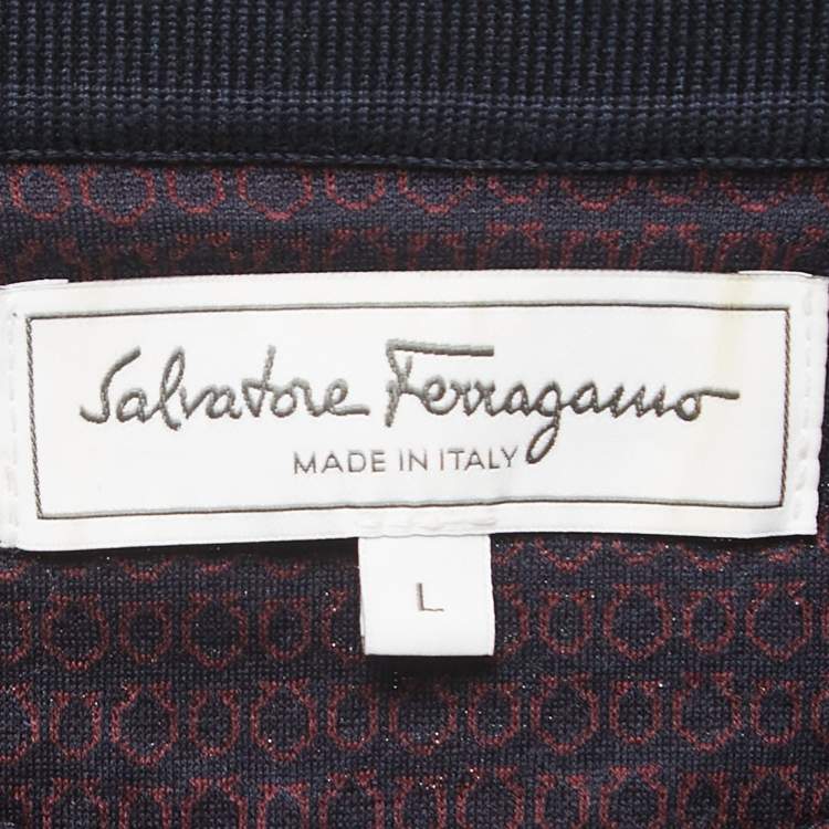 Pre Owned Salvatore Ferragamo Navy Blue Logo Patterned Cotton Polo T-Shirt L