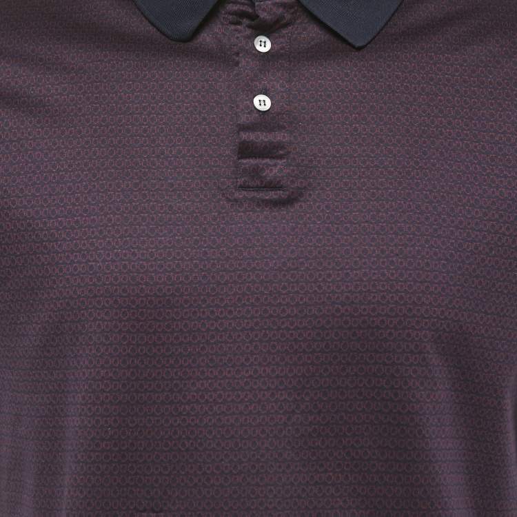 Pre Owned Salvatore Ferragamo Navy Blue Logo Patterned Cotton Polo T-Shirt L