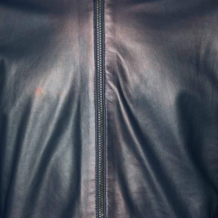 Pre Owned Salvatore Ferragamo Navy Blue Leather & Wool Knit Zip Front Jacket M