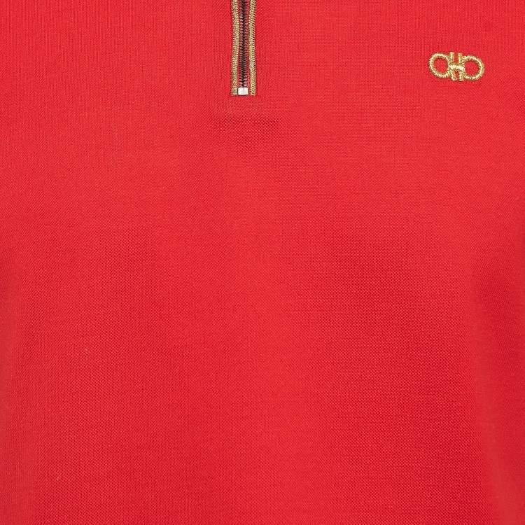 Pre Owned Salvatore Ferragamo Red Cotton Zip Detail Polo T-shirt M