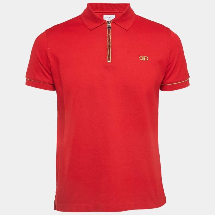 Pre Owned Salvatore Ferragamo Red Cotton Zip Detail Polo T-shirt M