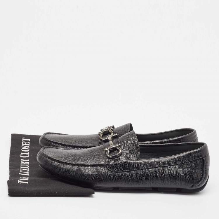 Pre Owned Salvatore Ferragamo Black Leather Gancini Slip On Loafers Size 44.5