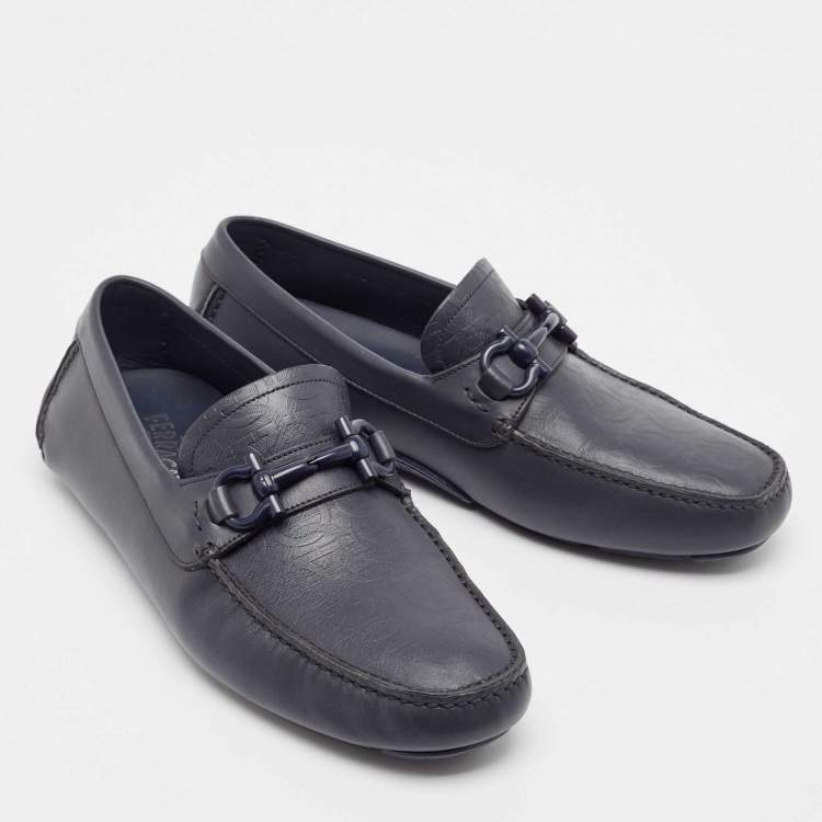 Pre Owned Salvatore Ferragamo Navy Blue Leather Slip On Loafers Size 42