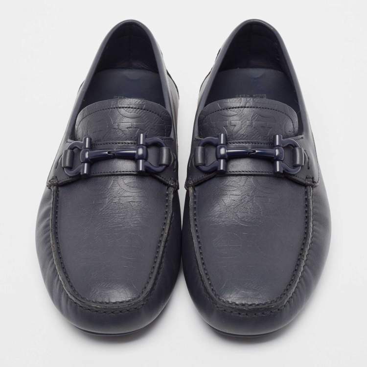 Pre Owned Salvatore Ferragamo Navy Blue Leather Slip On Loafers Size 42