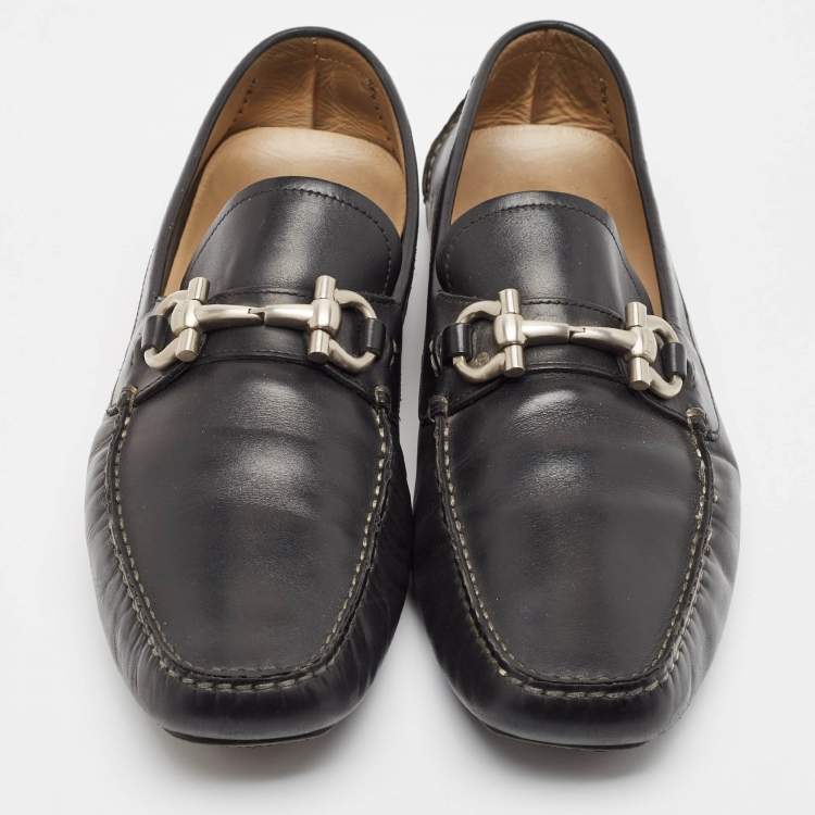 Pre Owned Salvatore Ferragamo Black Leather Gancio Loafers Size 47