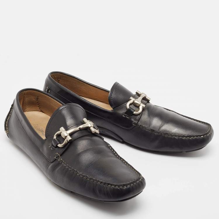 Pre Owned Salvatore Ferragamo Black Leather Gancio Loafers Size 47