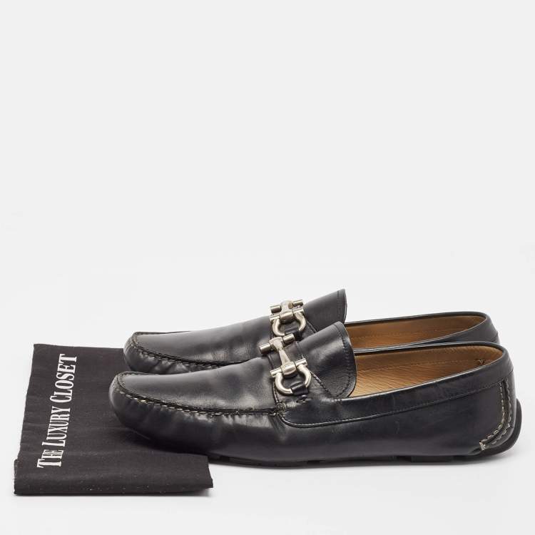 Pre Owned Salvatore Ferragamo Black Leather Gancio Loafers Size 47