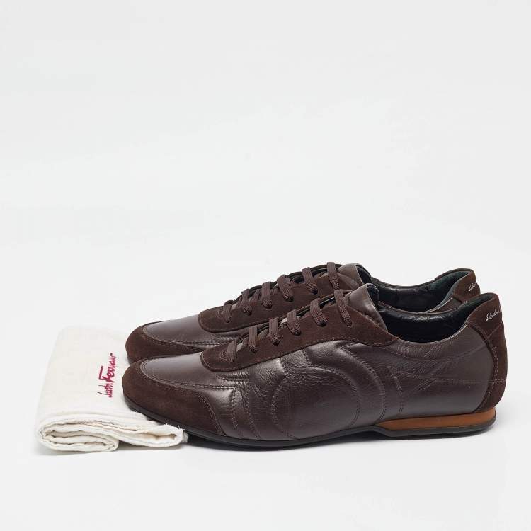 Pre Owned Salvatore Ferragamo Brown Leather and Suede Low Top Sneakers Size 43.5