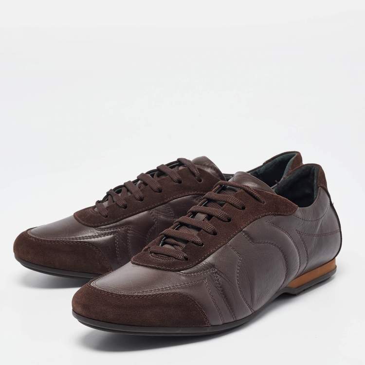Pre Owned Salvatore Ferragamo Brown Leather and Suede Low Top Sneakers Size 43.5