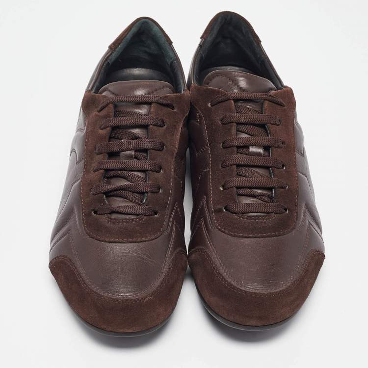 Pre Owned Salvatore Ferragamo Brown Leather and Suede Low Top Sneakers Size 43.5