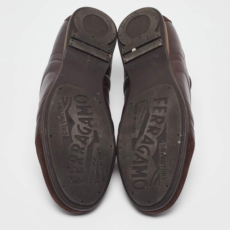 Pre Owned Salvatore Ferragamo Brown Leather and Suede Low Top Sneakers Size 43.5