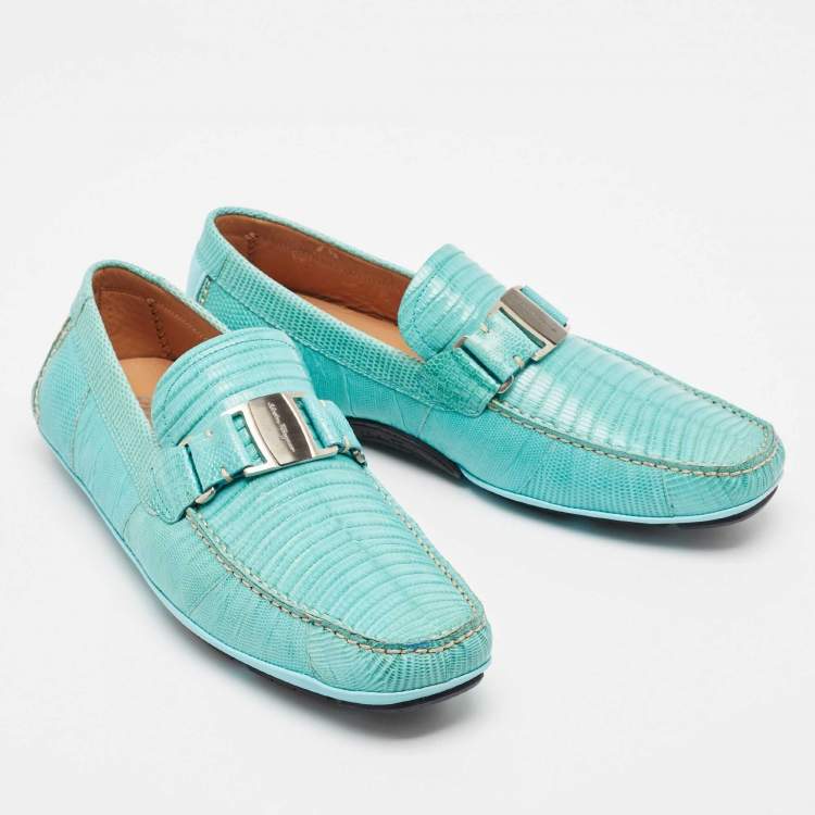 Pre Owned Salvatore Ferragamo Blue Lizard Leather Sardegna Loafers Size 44