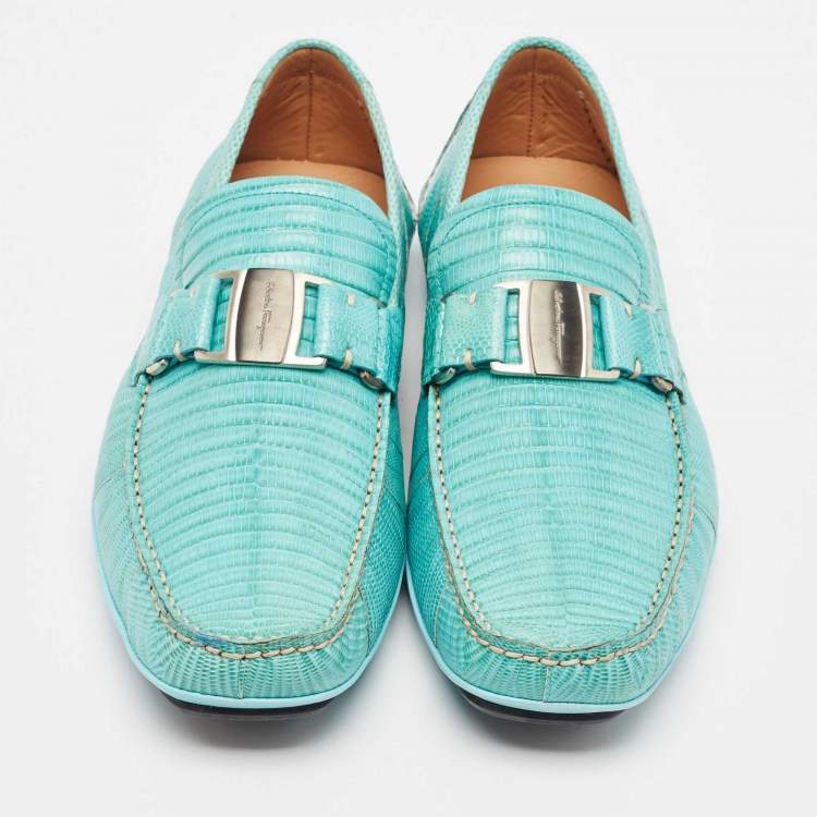 Pre Owned Salvatore Ferragamo Blue Lizard Leather Sardegna Loafers Size 44