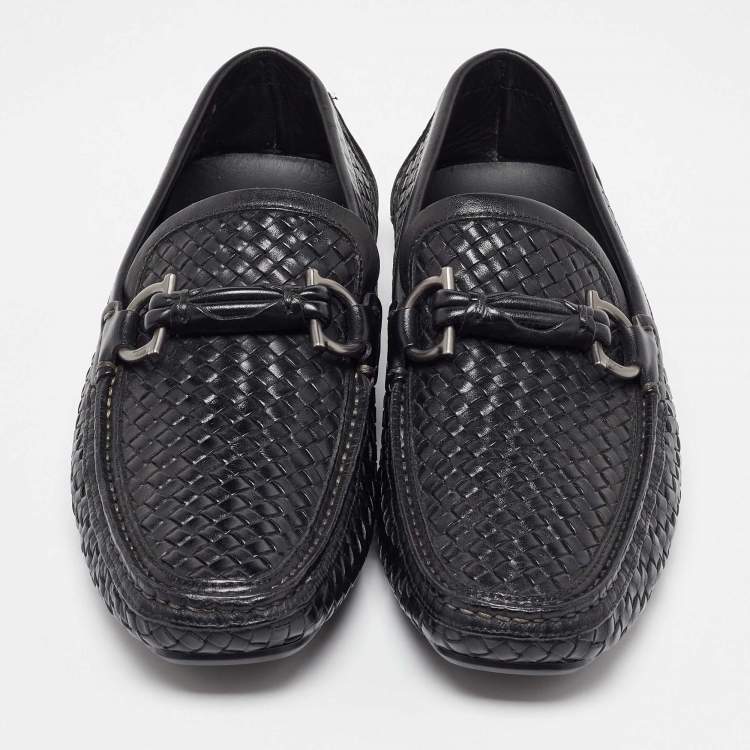 Pre Owned Salvatore Ferragamo Black Woven Leather Gancini Penny Loafers Size 40