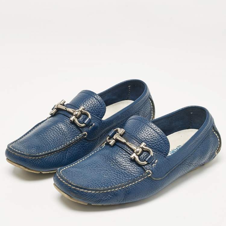 Pre Owned Salvatore Ferragamo Blue Leather Parigi Slip on Loafers Size 39.5