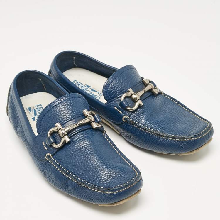 Pre Owned Salvatore Ferragamo Blue Leather Parigi Slip on Loafers Size 39.5