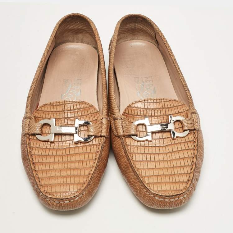 Pre Owned Salvatore Ferragamo Brown Lizard Embossed Leather Loafers Size 40