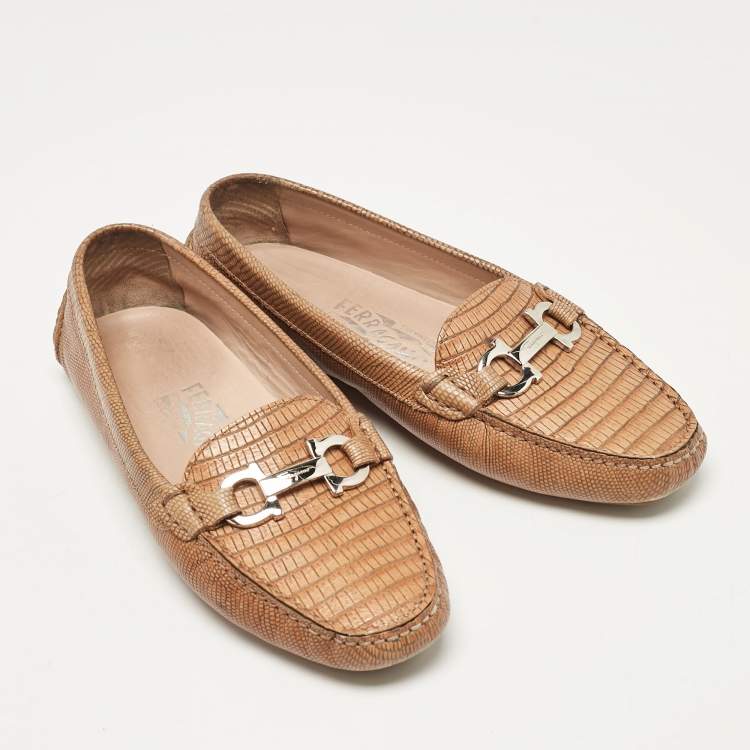 Pre Owned Salvatore Ferragamo Brown Lizard Embossed Leather Loafers Size 40