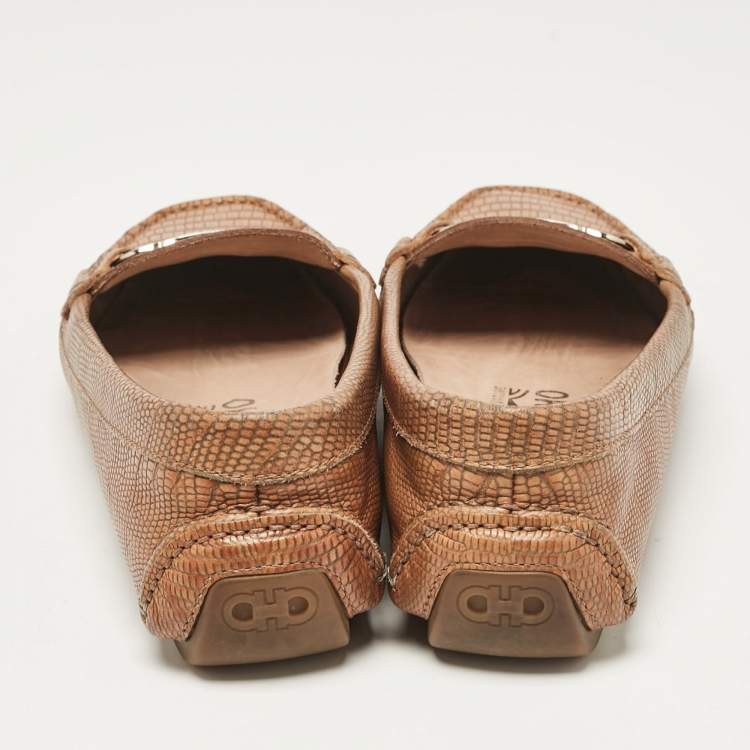 Pre Owned Salvatore Ferragamo Brown Lizard Embossed Leather Loafers Size 40
