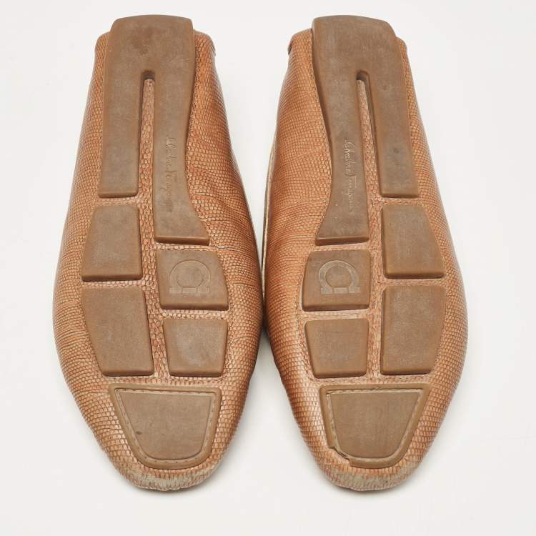 Pre Owned Salvatore Ferragamo Brown Lizard Embossed Leather Loafers Size 40