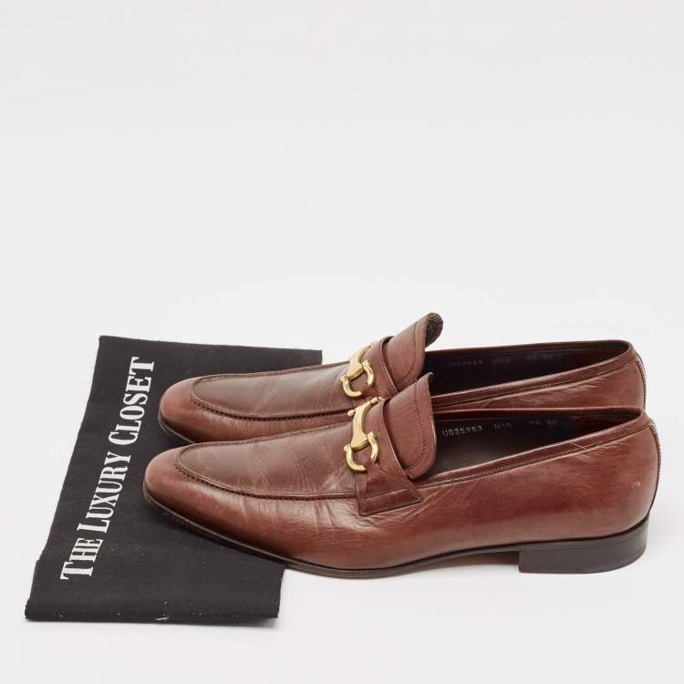 Pre Owned Salvatore Ferragamo Brown Leather Gancini Loafers Size 43.5