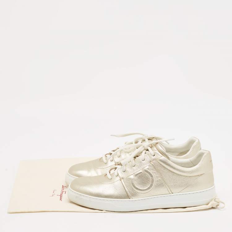 Pre Owned Salvatore Ferragamo Metallic Leather Lace Up Sneakers Size 44.5