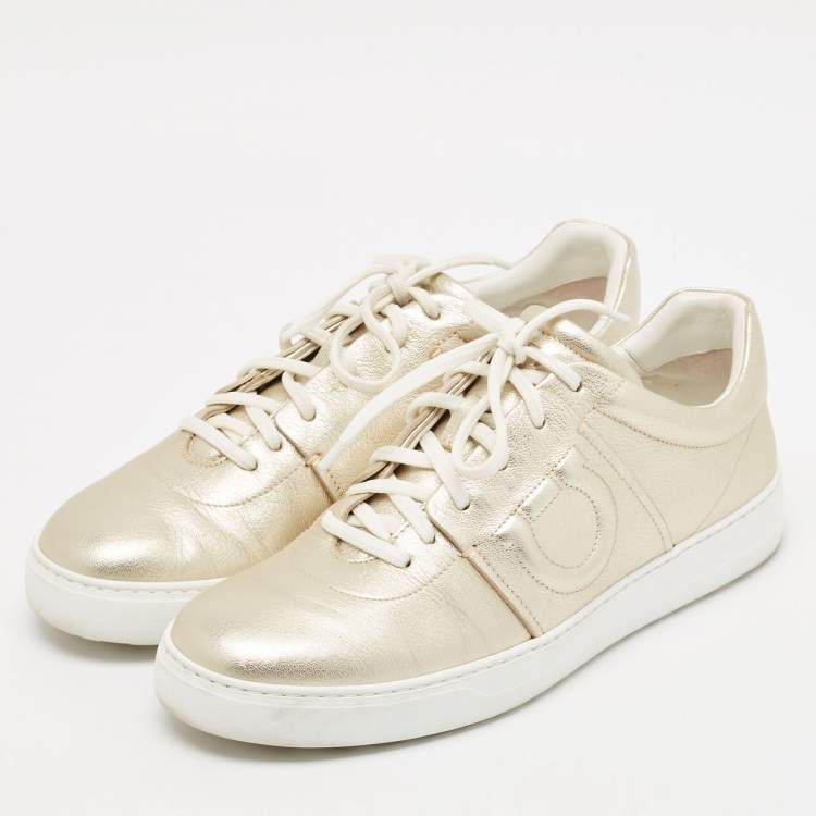 Pre Owned Salvatore Ferragamo Metallic Leather Lace Up Sneakers Size 44.5