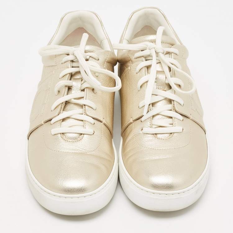 Pre Owned Salvatore Ferragamo Metallic Leather Lace Up Sneakers Size 44.5