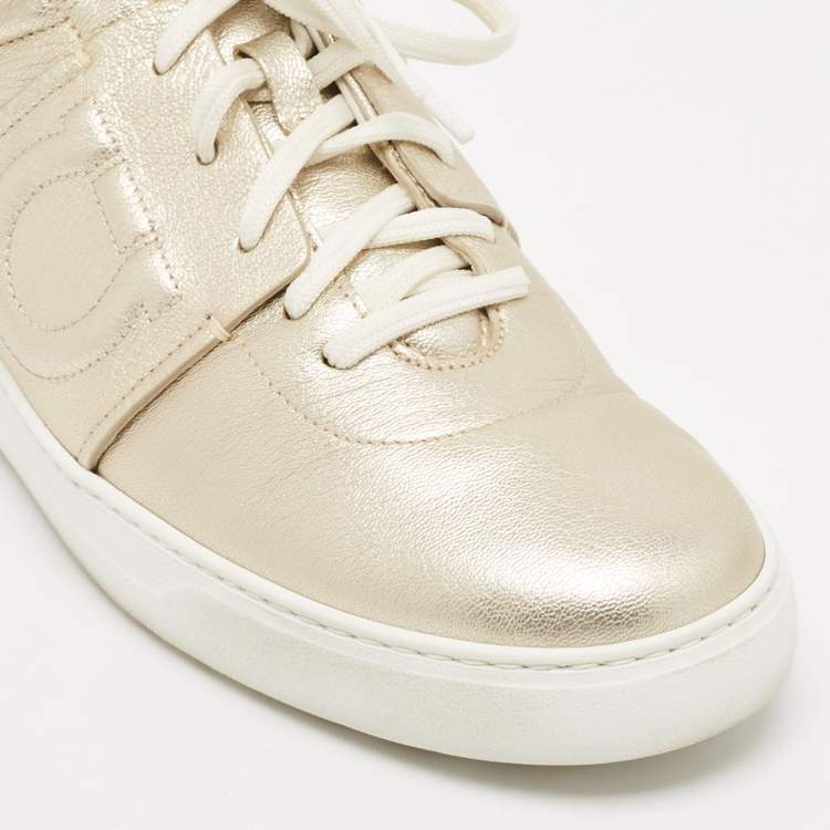 Pre Owned Salvatore Ferragamo Metallic Leather Lace Up Sneakers Size 44.5