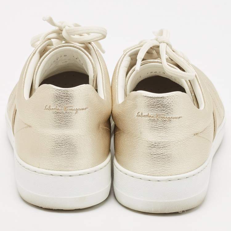 Pre Owned Salvatore Ferragamo Metallic Leather Lace Up Sneakers Size 44.5