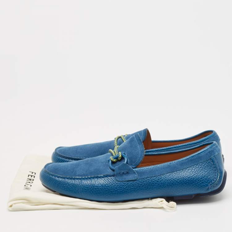Pre Owned Salvatore Ferragamo Blue Leather and Suede Parigi Loafers Size 42