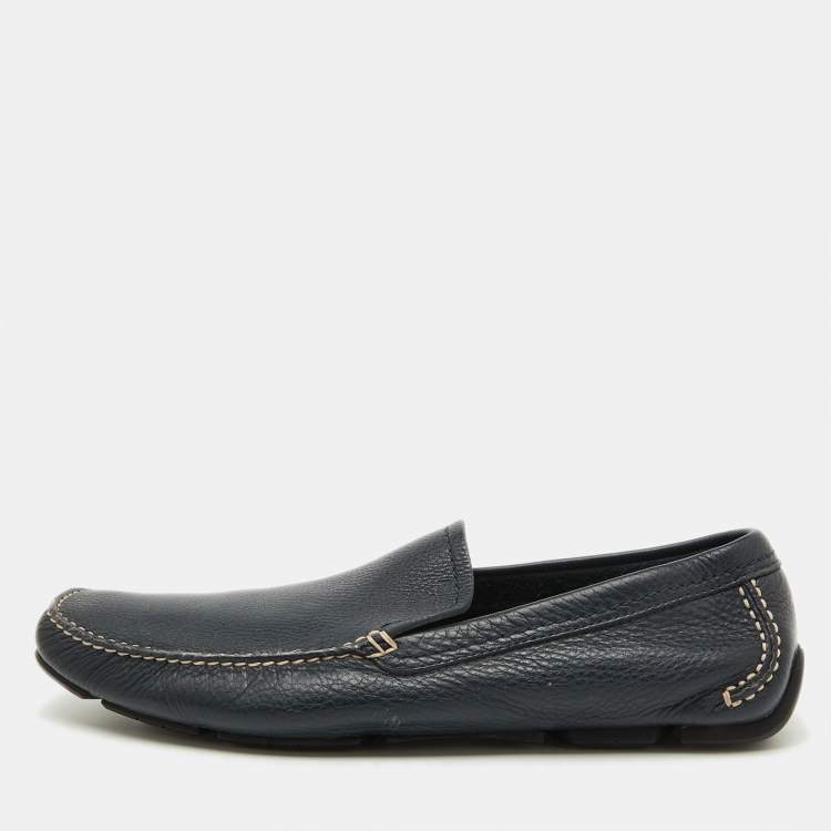 Pre Owned Salvatore Ferragamo Navy Blue Leather Slip On Loafers Size 44