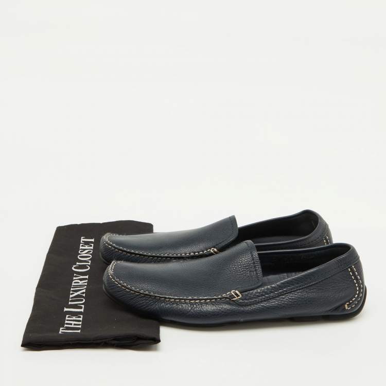 Pre Owned Salvatore Ferragamo Navy Blue Leather Slip On Loafers Size 44