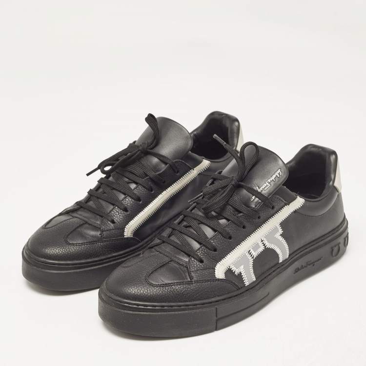 Pre Owned Salvatore Ferragamo Black/Cream Leather Borg Lace Up Sneakers Size 42.5