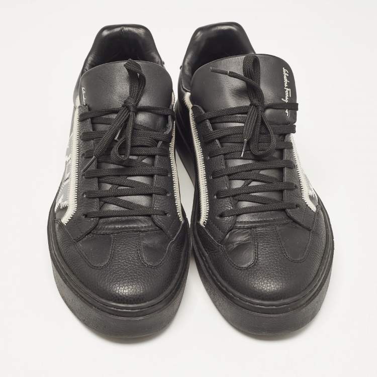 Pre Owned Salvatore Ferragamo Black/Cream Leather Borg Lace Up Sneakers Size 42.5