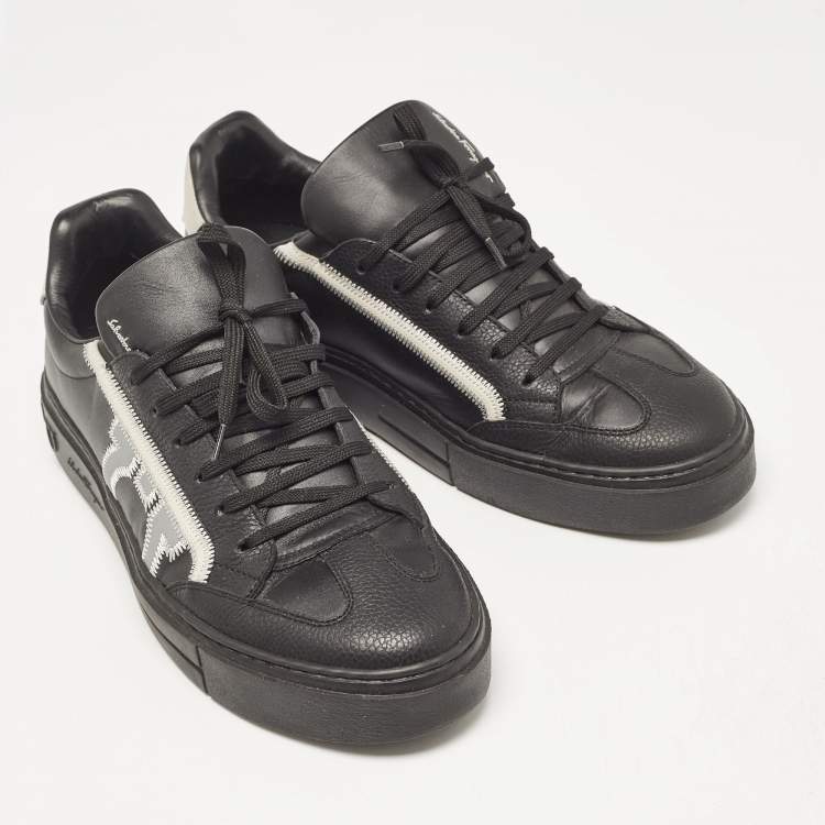 Pre Owned Salvatore Ferragamo Black/Cream Leather Borg Lace Up Sneakers Size 42.5