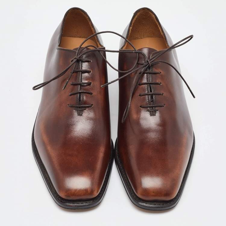 Pre Owned Salvatore Ferragamo Dark Brown Leather Lace Up Oxfords Size 41.5