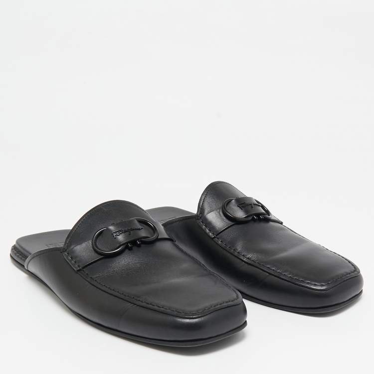Pre Owned Salvatore Ferragamo Black Leather Gancini Mules Size 44